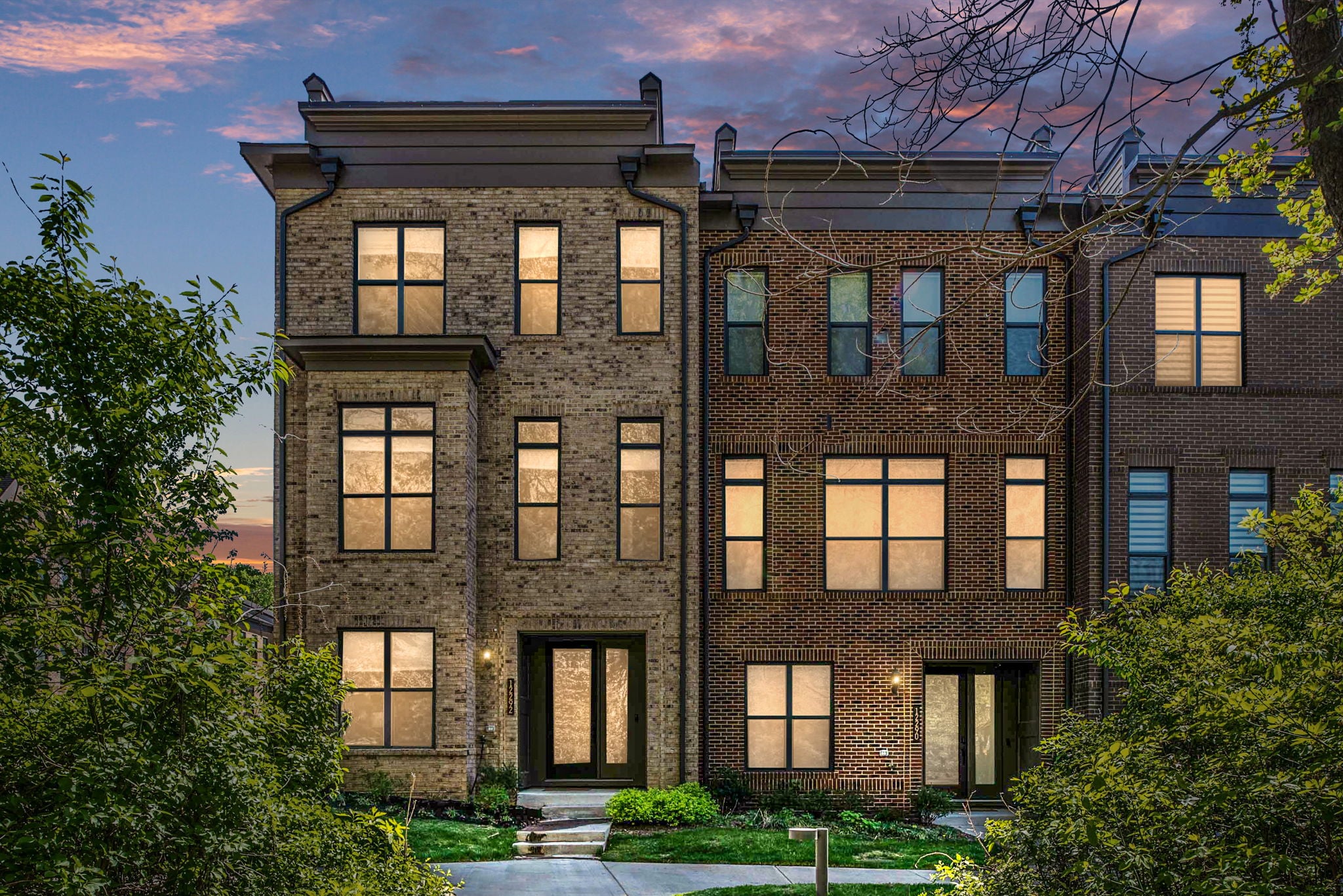Brick townhomes at twilight in Northern Virginia