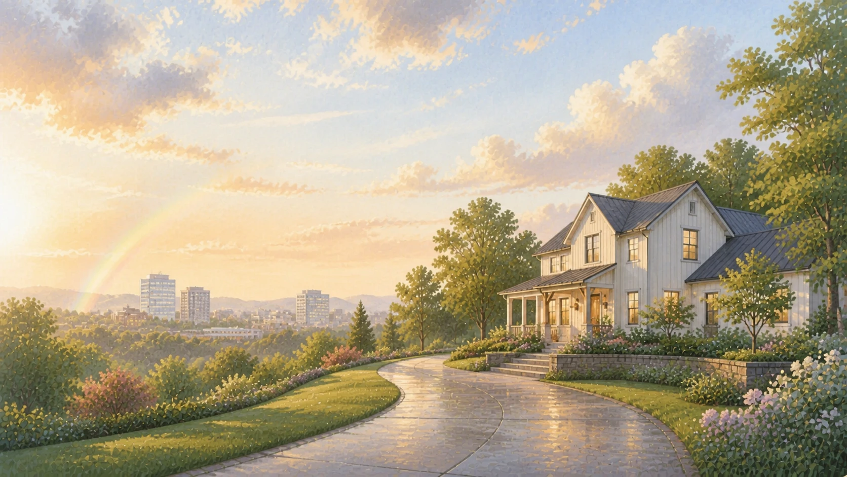 A contemporary farmhouse above a distant business corridor after light rain