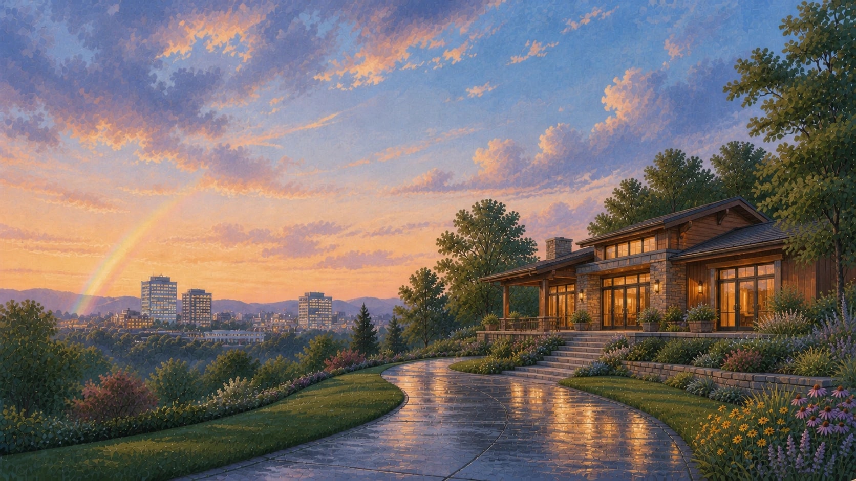 A cedar and stone home glowing at blue hour after rain