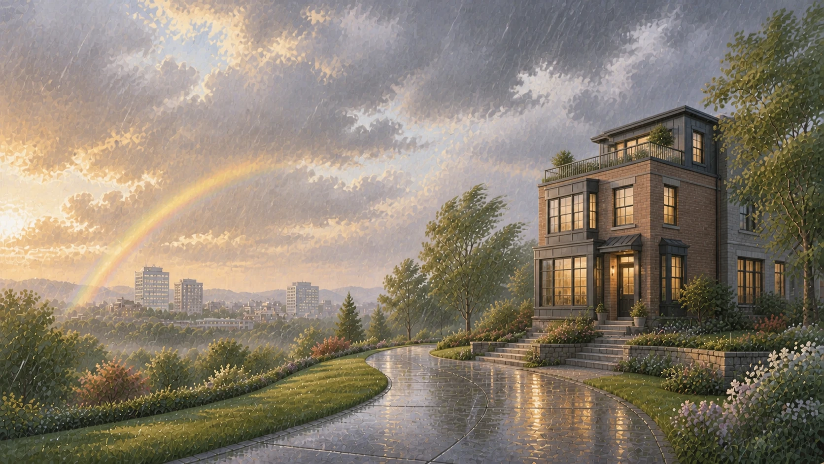 A modern brick townhome in passing rain with a rainbow over the distant skyline