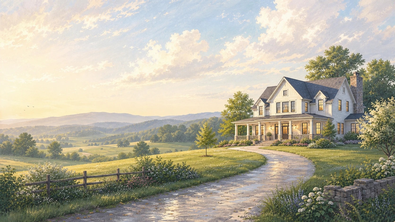A bright farmhouse beside an open path leading toward the Blue Ridge