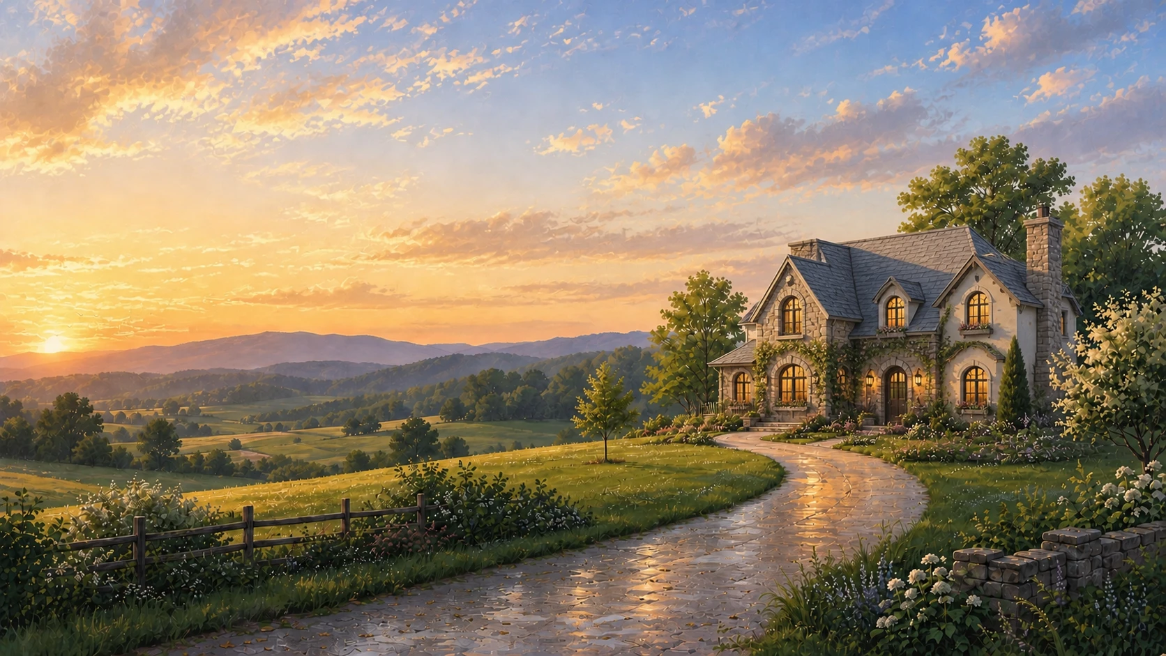 A stone cottage in calm evening light after the weather clears