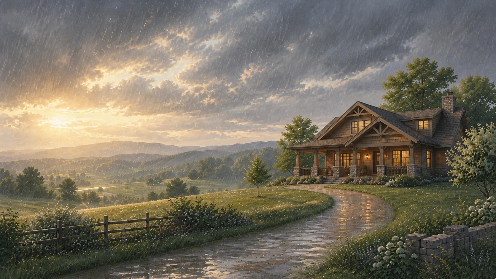 A craftsman home beneath passing rain with warm light breaking through