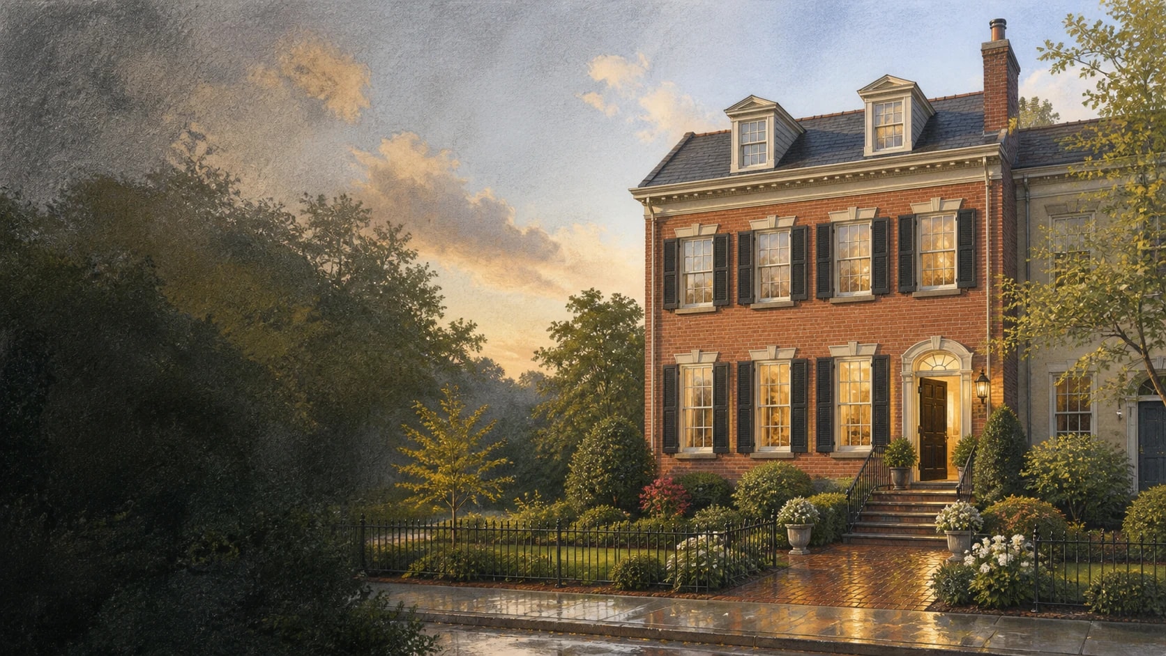 A clear brick townhome in calm late-afternoon light after rain
