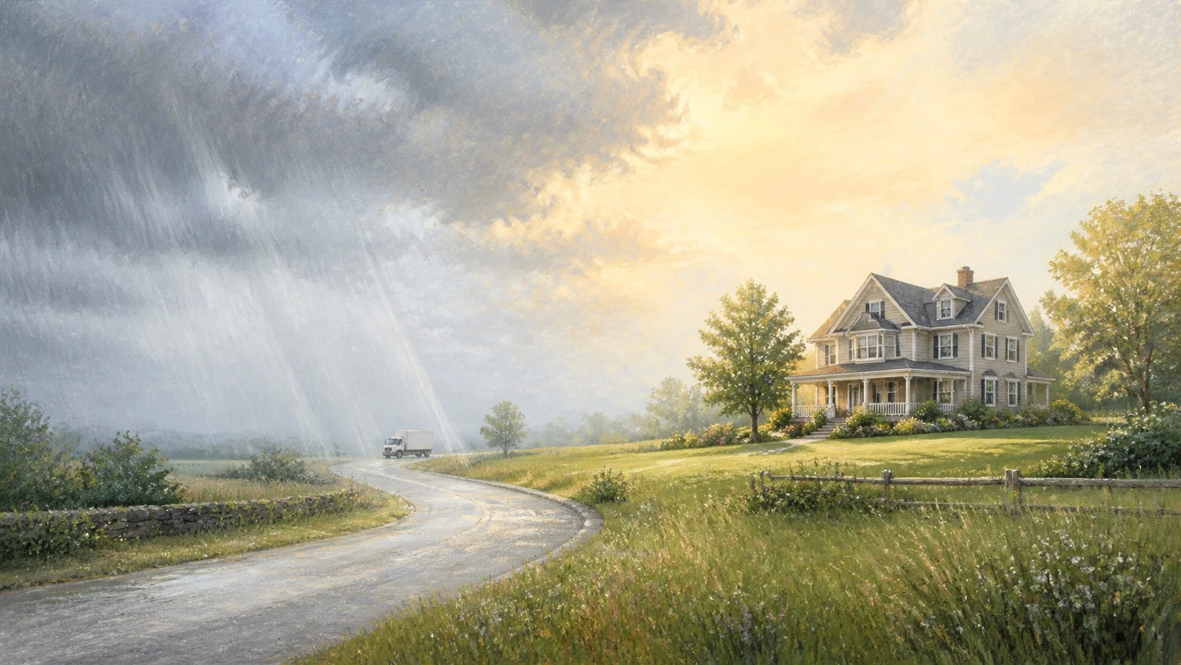A moving road passing from rain into clear light beside a fully visible home