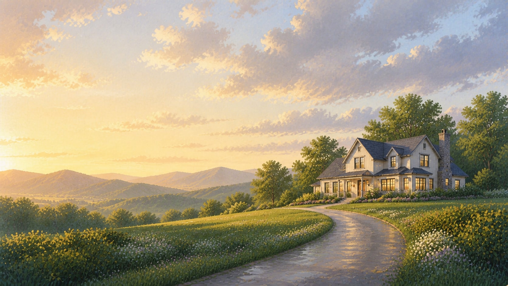 A clear morning over a quiet home and open landscape
