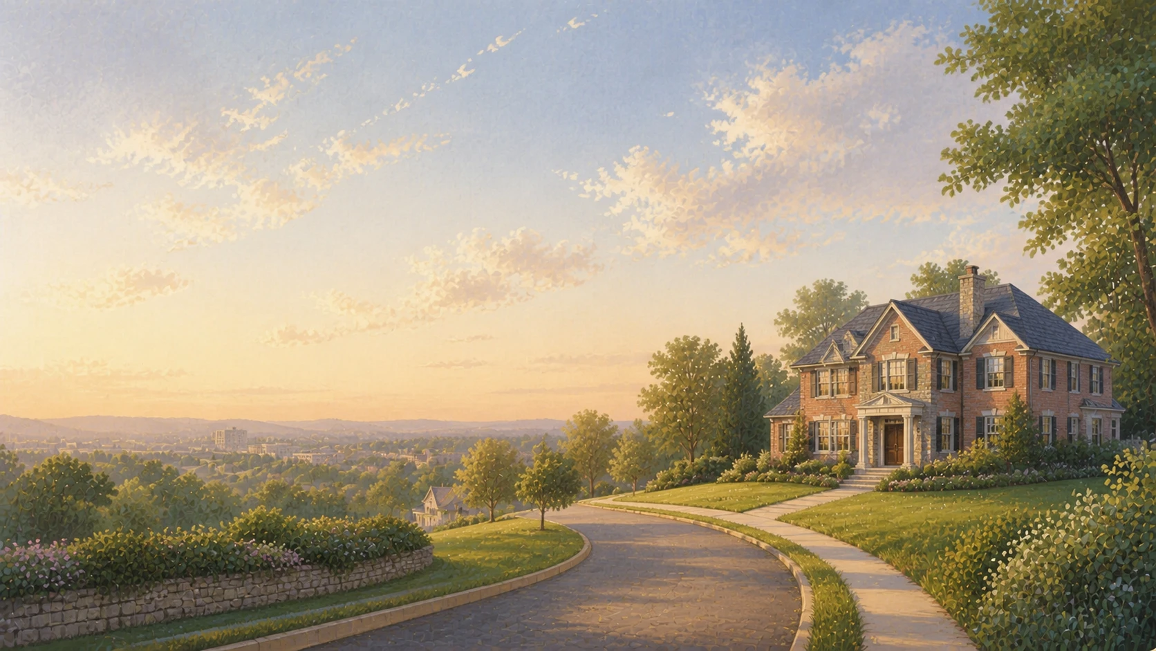 A brick home above a Washington-area horizon in clear morning light