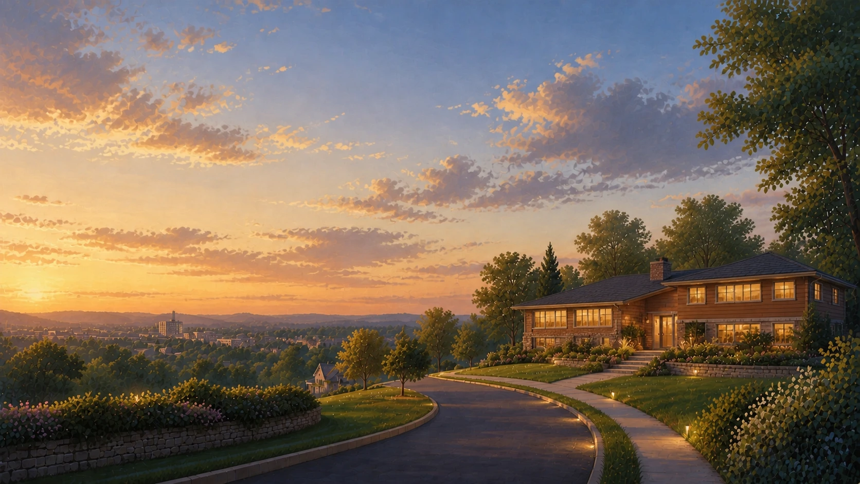 A warm split-level home beneath a clear sunset after the weather passes