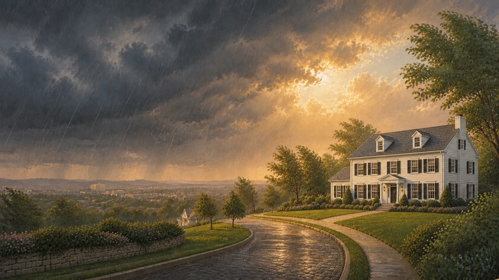 A white Colonial home under passing rain with warm light breaking through