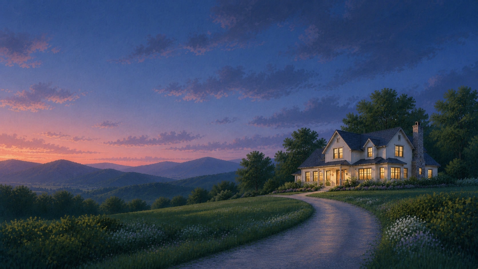 The same home warmly lit at the end of the journey