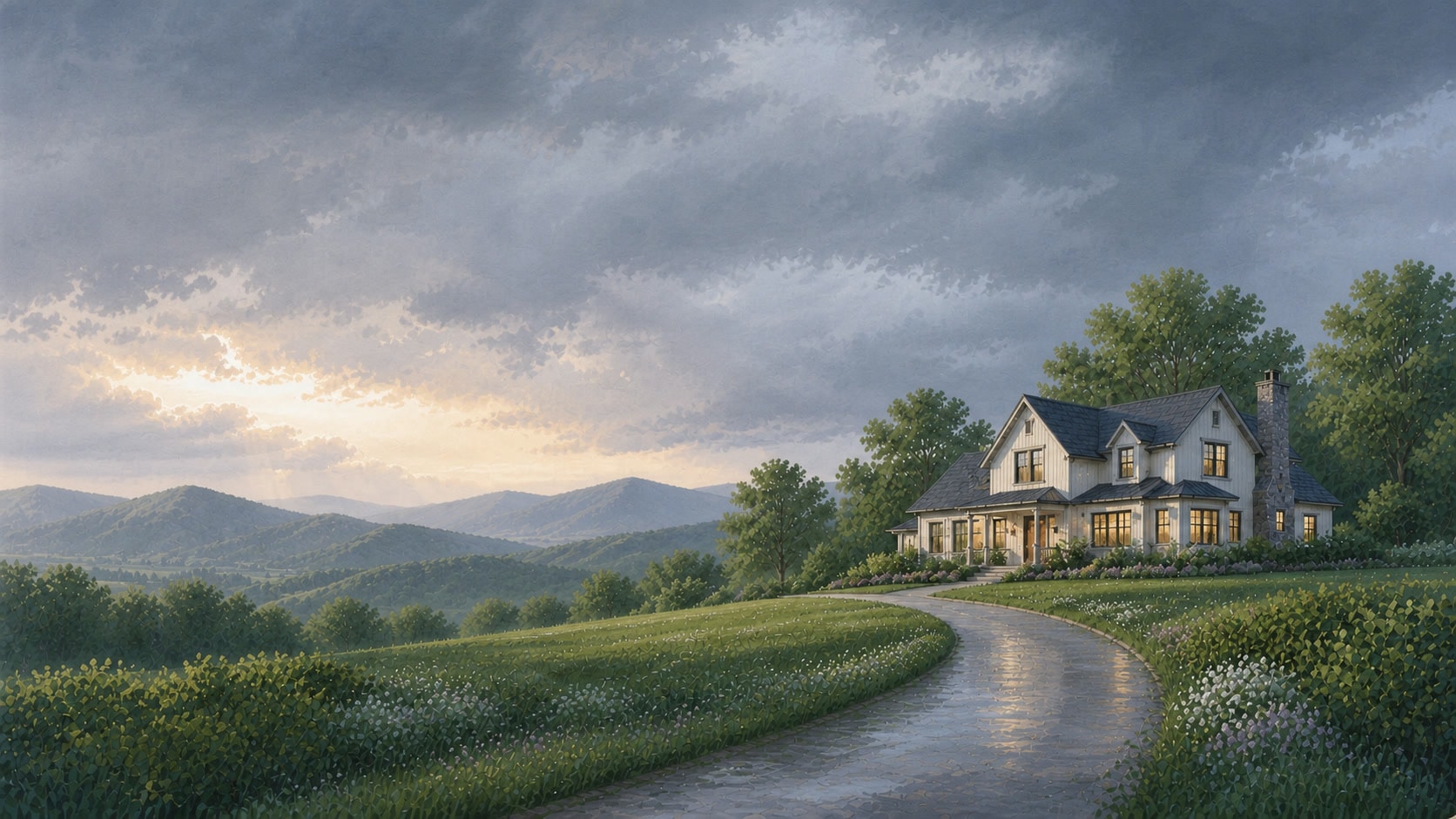 The same home beneath changing weather with the path still visible