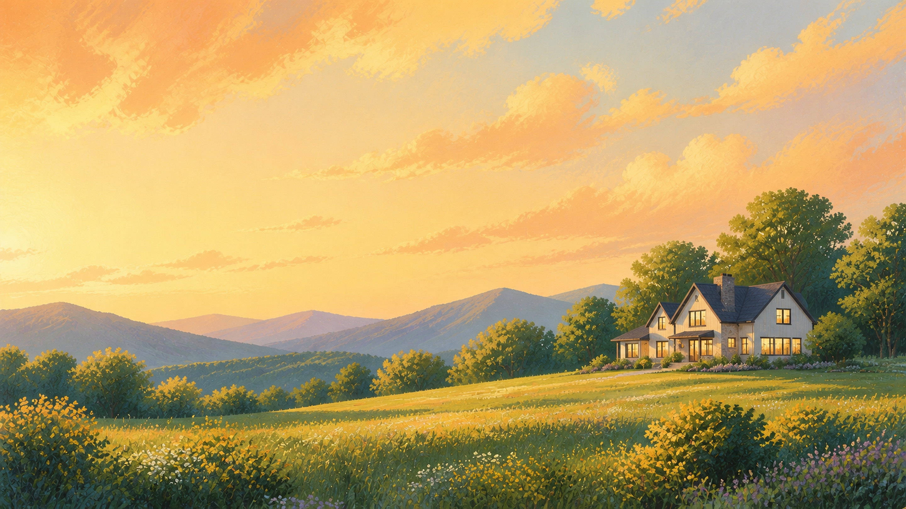 A clear, sunlit home in a painterly mountain landscape