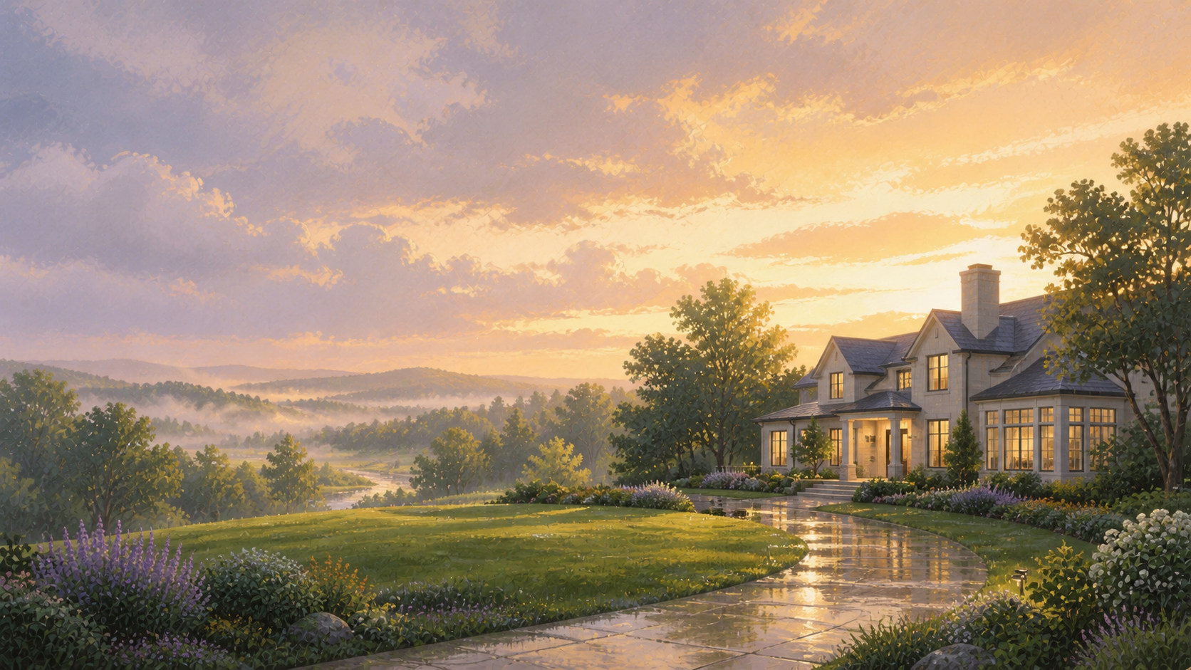 A painterly home beside a calm reflective stream in warm morning light