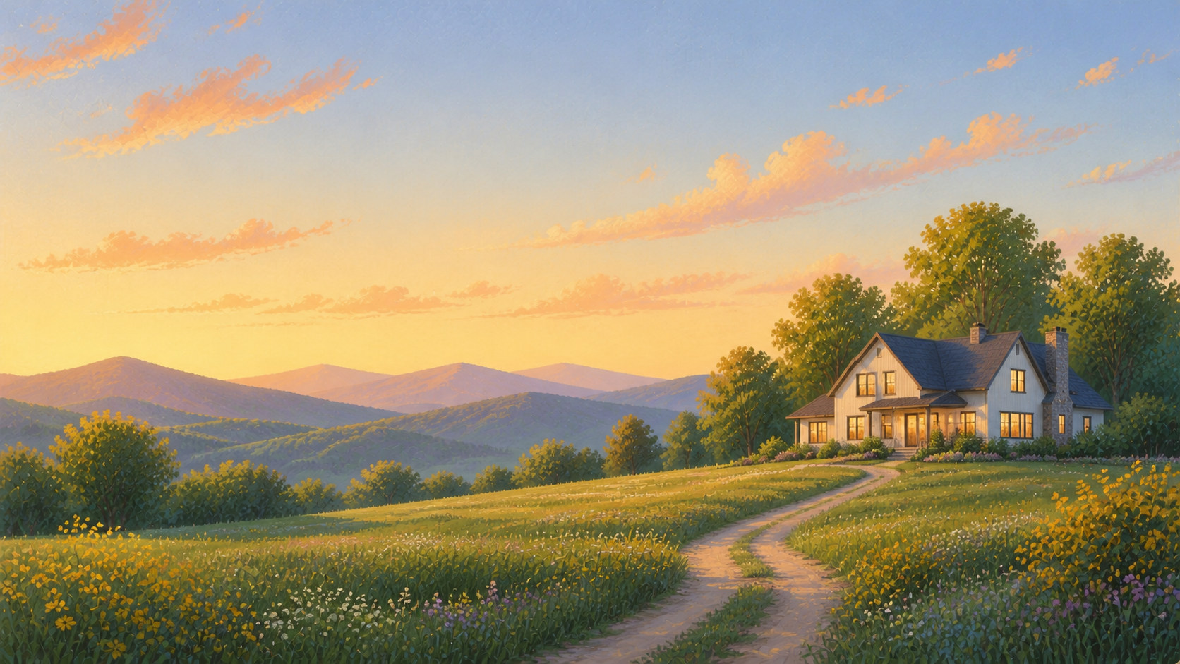 A peaceful painterly home at the end of a winding path in golden evening light