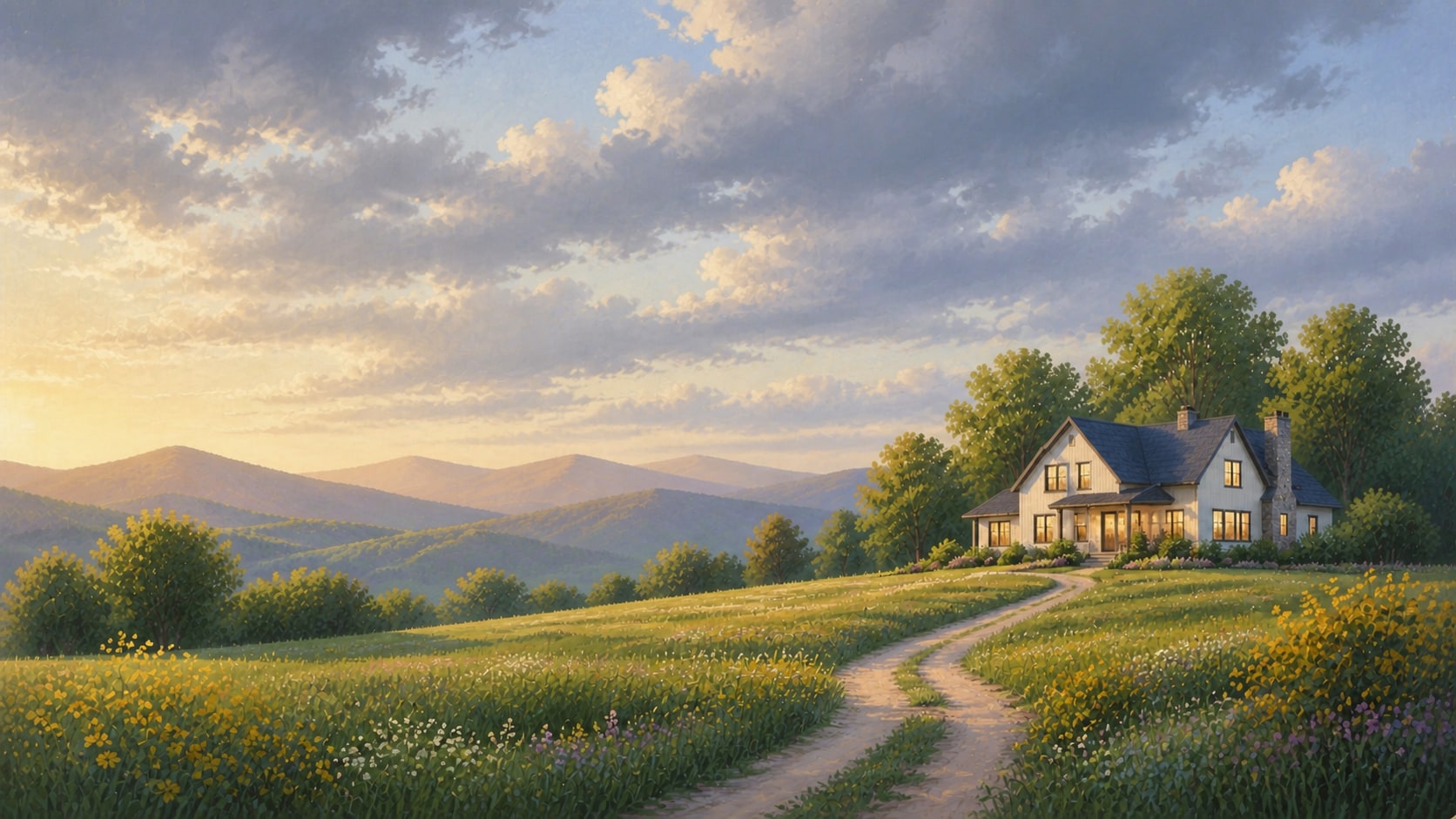 A peaceful painterly home at the end of a winding path under changing evening light