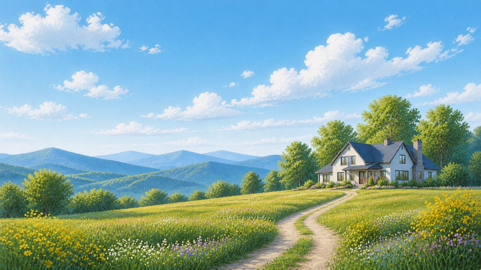 A bright painterly home and neighborhood beneath a clear open sky