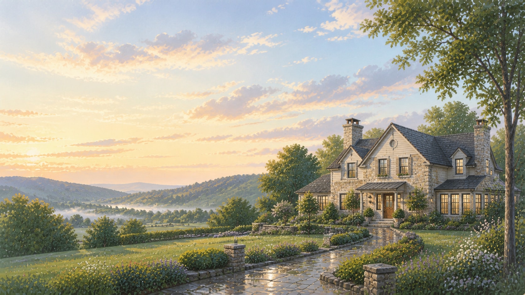 A cared-for home in clear morning light after rain