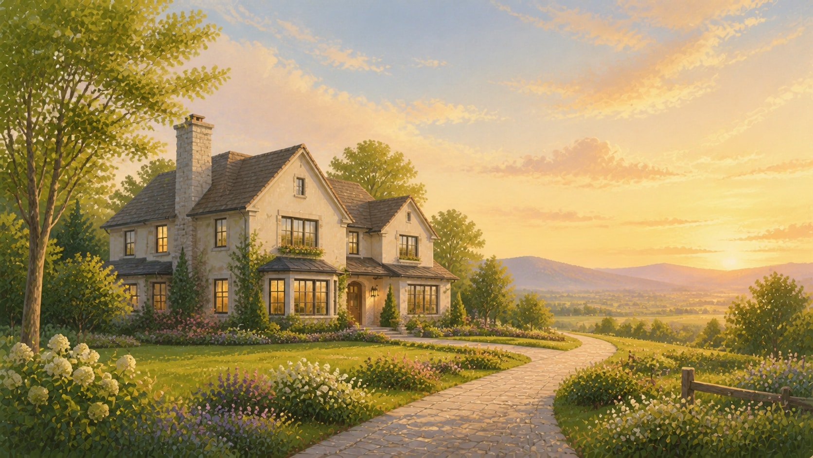 A warm home beside an open path leading toward the horizon